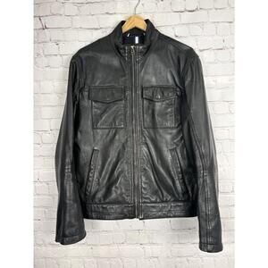 Cole Haan Genuine Leather Motor Cylce Jacket Men's Small Black Full Zip Pockets